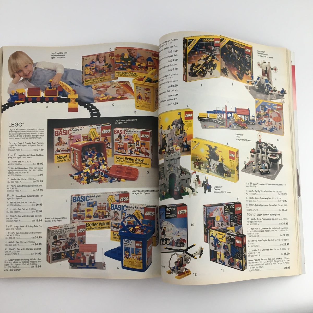 1987 The JCPenney Christmas Party at Grandma's House Catalog featuring LEGO building sets with a child playing with LEGO train on a colorful layout.