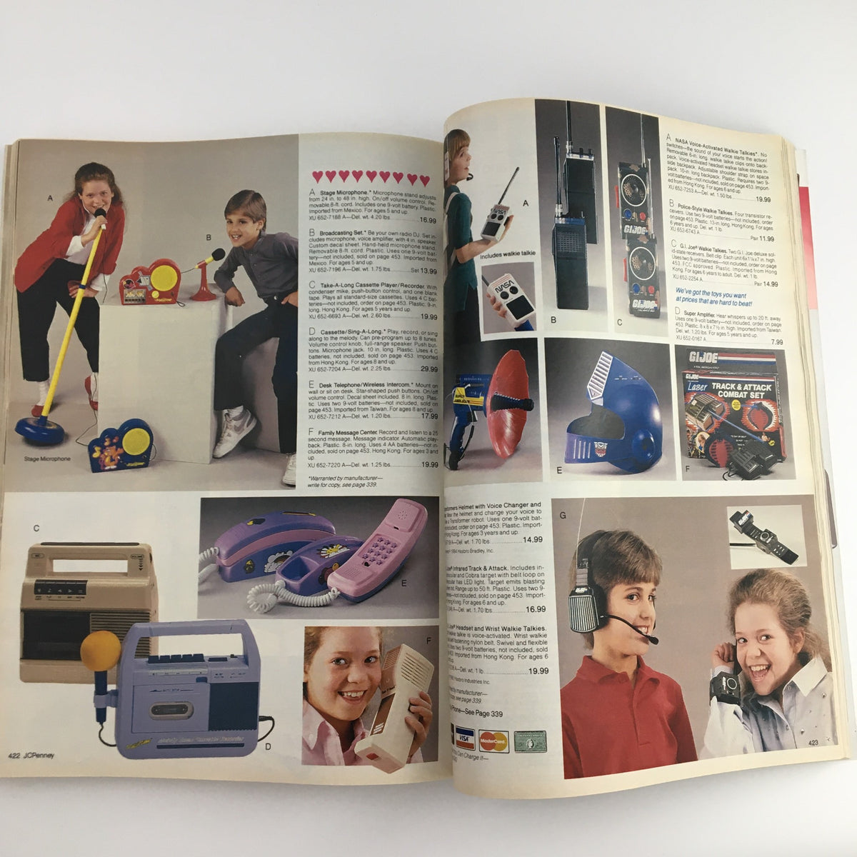 1987 The JCPenney Christmas Party at Grandma's House Catalog showcasing various toys including a stage microphone and walkie-talkies with children interacting with them.