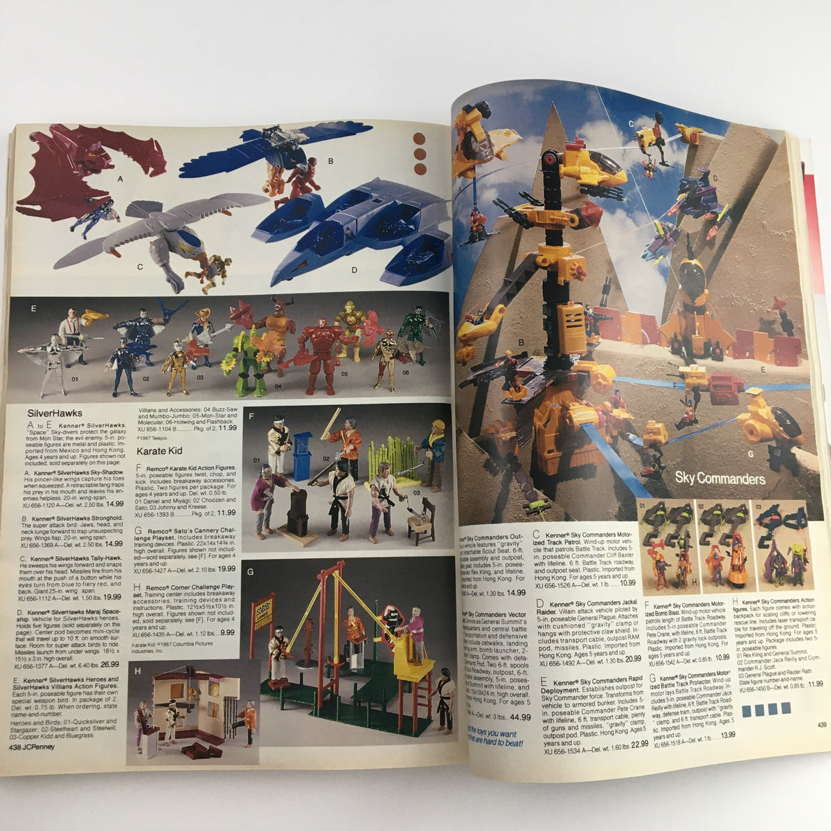 1987 The JCPenney Christmas Party at Grandma's House Catalog illustrating SilverHawks and Karate Kid toys with colorful character figures showcased in a playful environment.