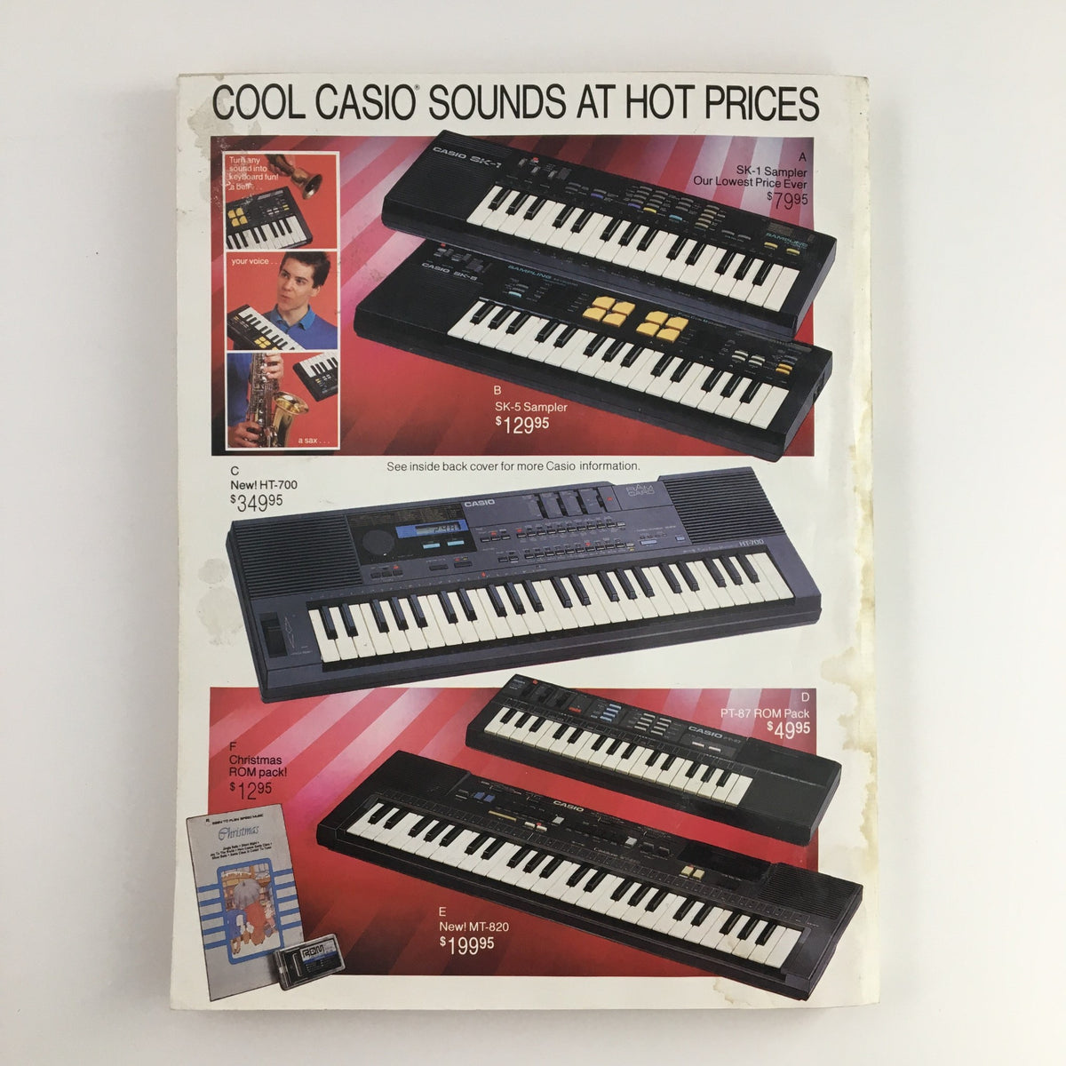 1987 The JCPenney Christmas Party at Grandma's House Catalog displaying Casio keyboards and samplers, showcasing a variety of models and prices for electronic instruments.