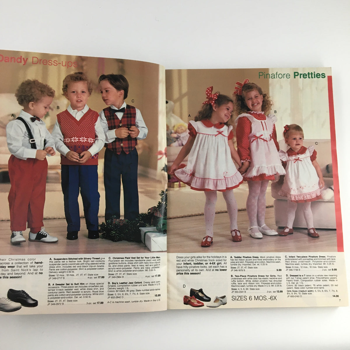 Inside page of the 1988 The JCPenney Dandy Dress-ups and Pinafore Pretties Catalog displaying children in festive outfits, including dresses and vests, ideal for holiday celebrations.