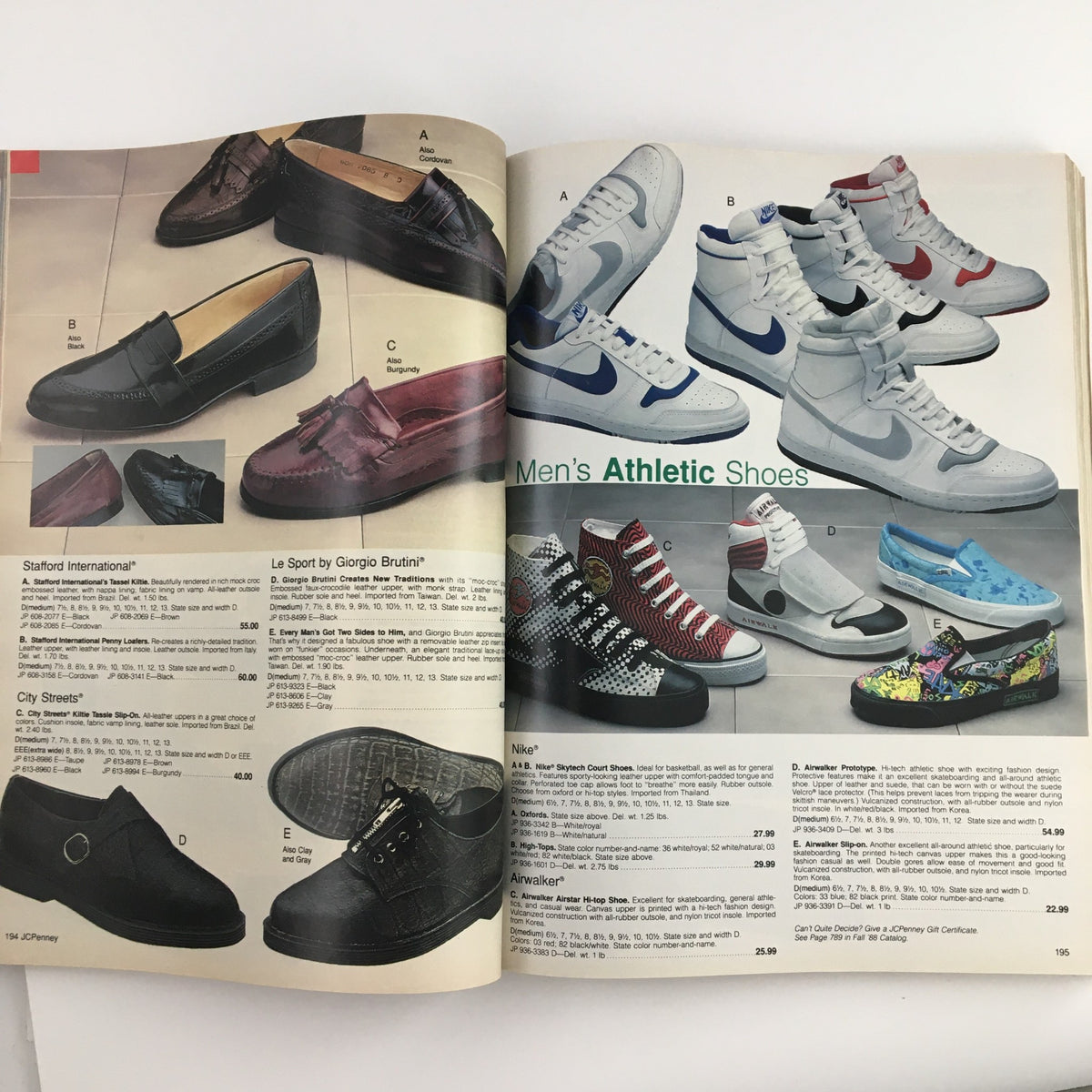 Another inside page of the 1988 The JCPenney Dandy Dress-ups and Pinafore Pretties Catalog featuring a variety of men's athletic shoes, highlighting different styles available for the season.