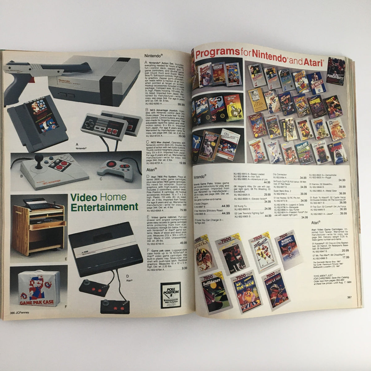 1988 The JCPenney Dandy Dress-ups and Pinafore Pretties Catalog featuring Nintendo and Atari video game consoles with a selection of game titles.