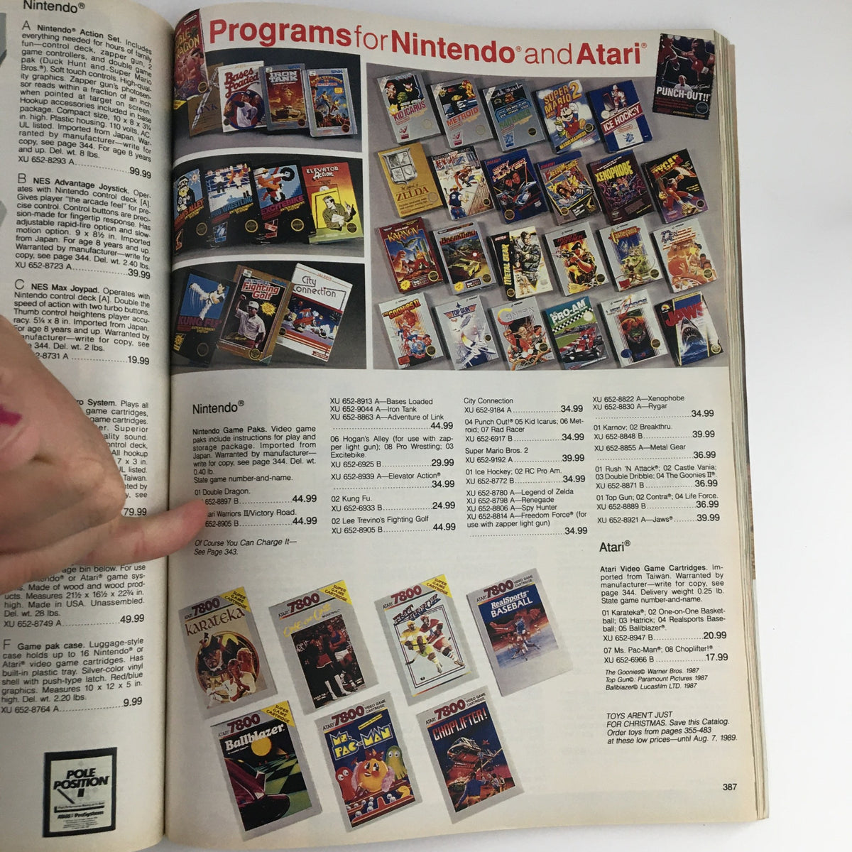 1988 The JCPenney Dandy Dress-ups and Pinafore Pretties Catalog displaying Nintendo game cartridge titles and prices.