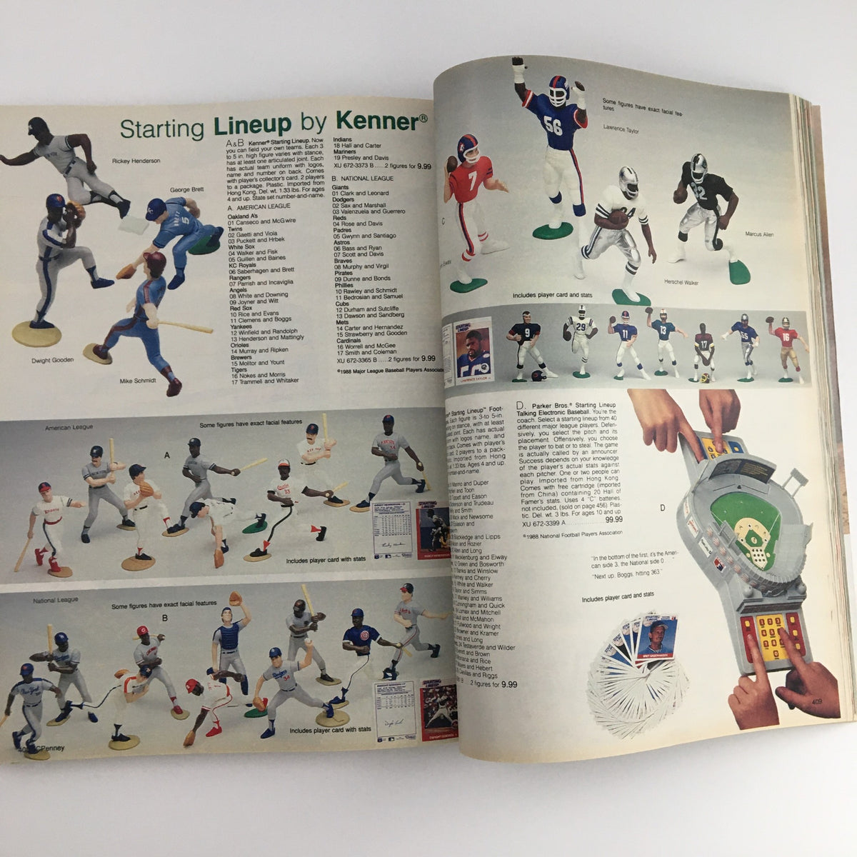 1988 The JCPenney Dandy Dress-ups and Pinafore Pretties Catalog showcasing Kenner Starting Lineup action figures of popular football players.