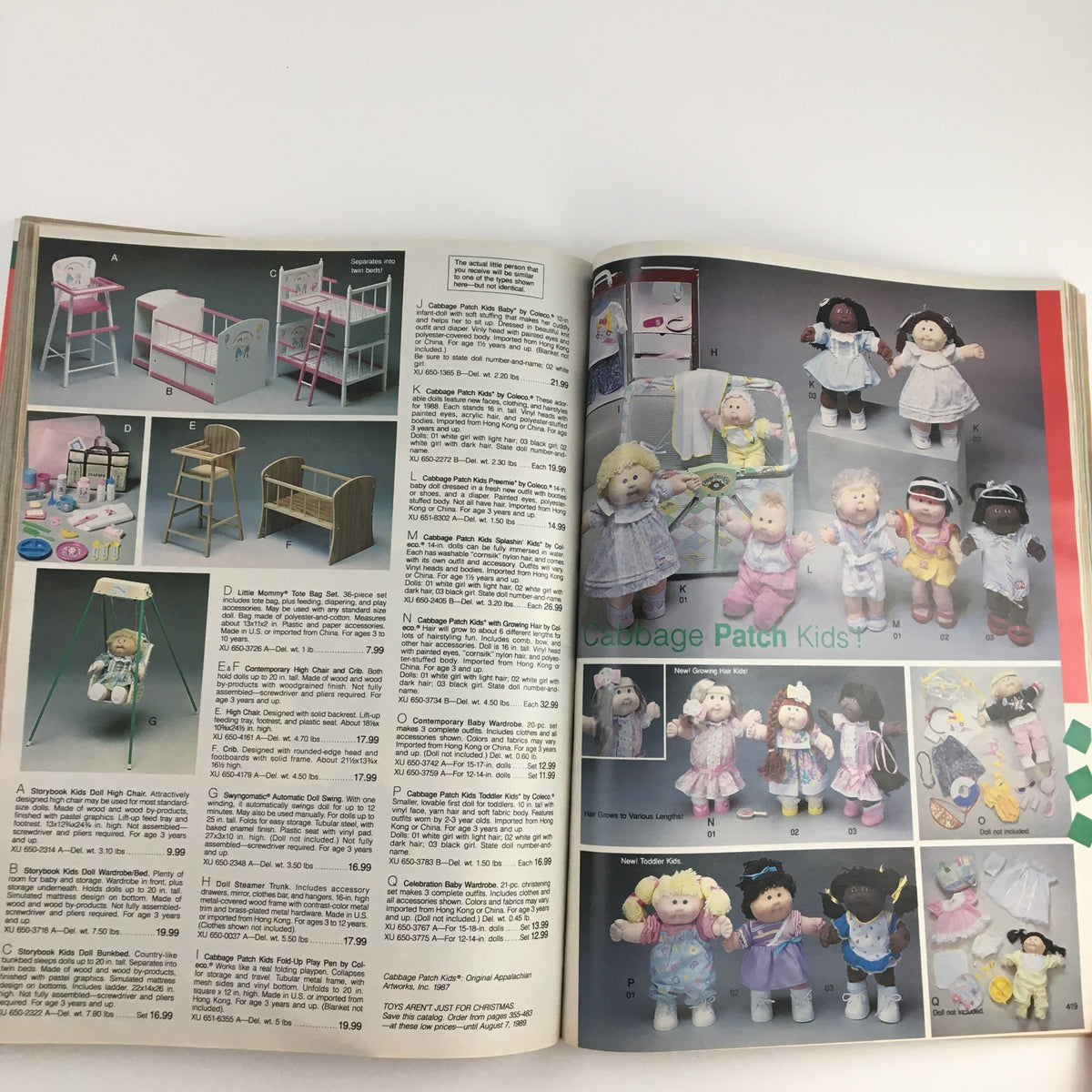 1988 The JCPenney Dandy Dress-ups and Pinafore Pretties Catalog featuring Cabbage Patch Kids dolls along with their accessories.