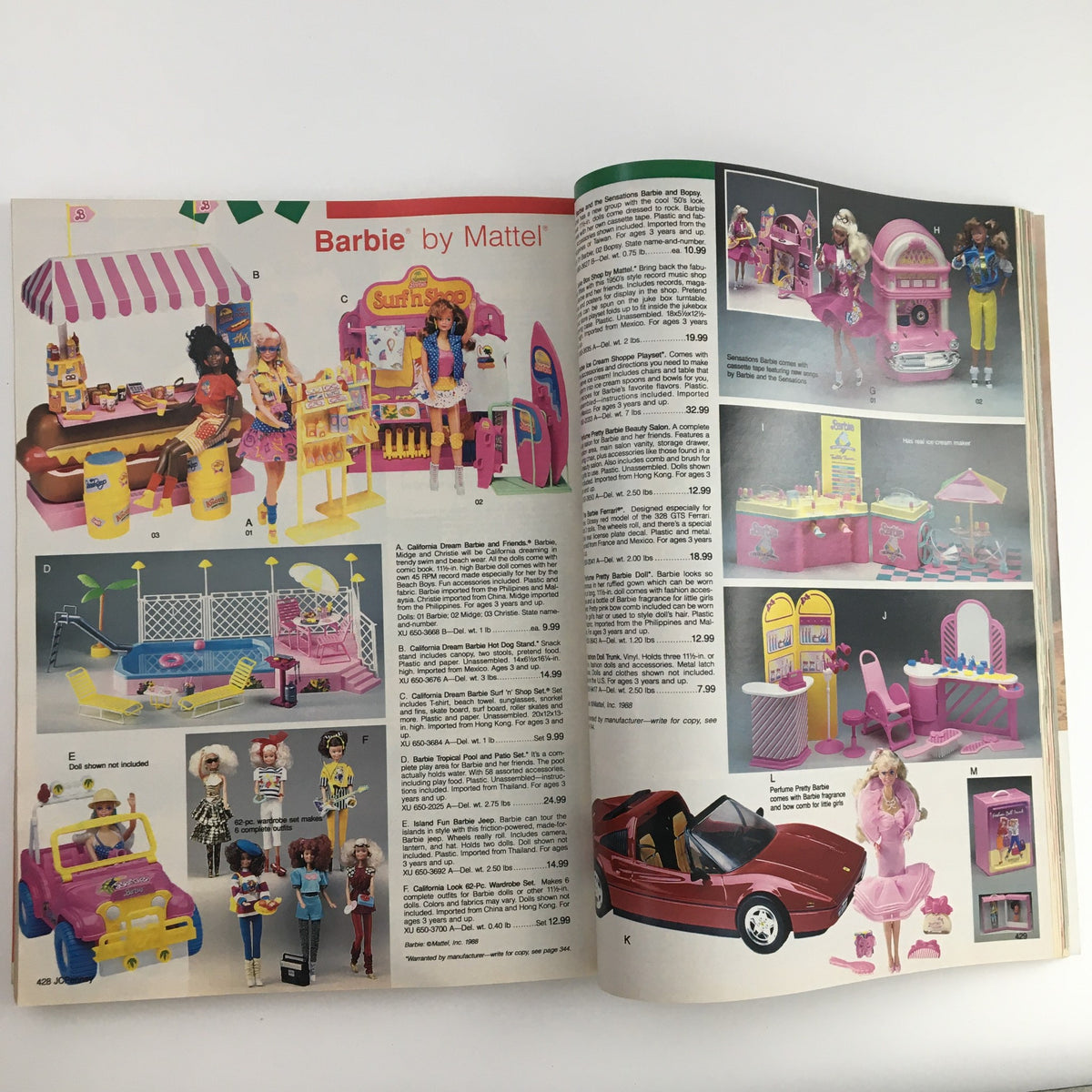 1988 The JCPenney Dandy Dress-ups and Pinafore Pretties Catalog showcasing Barbie-themed toys by Mattel, including dollhouses and playsets in bright colors.