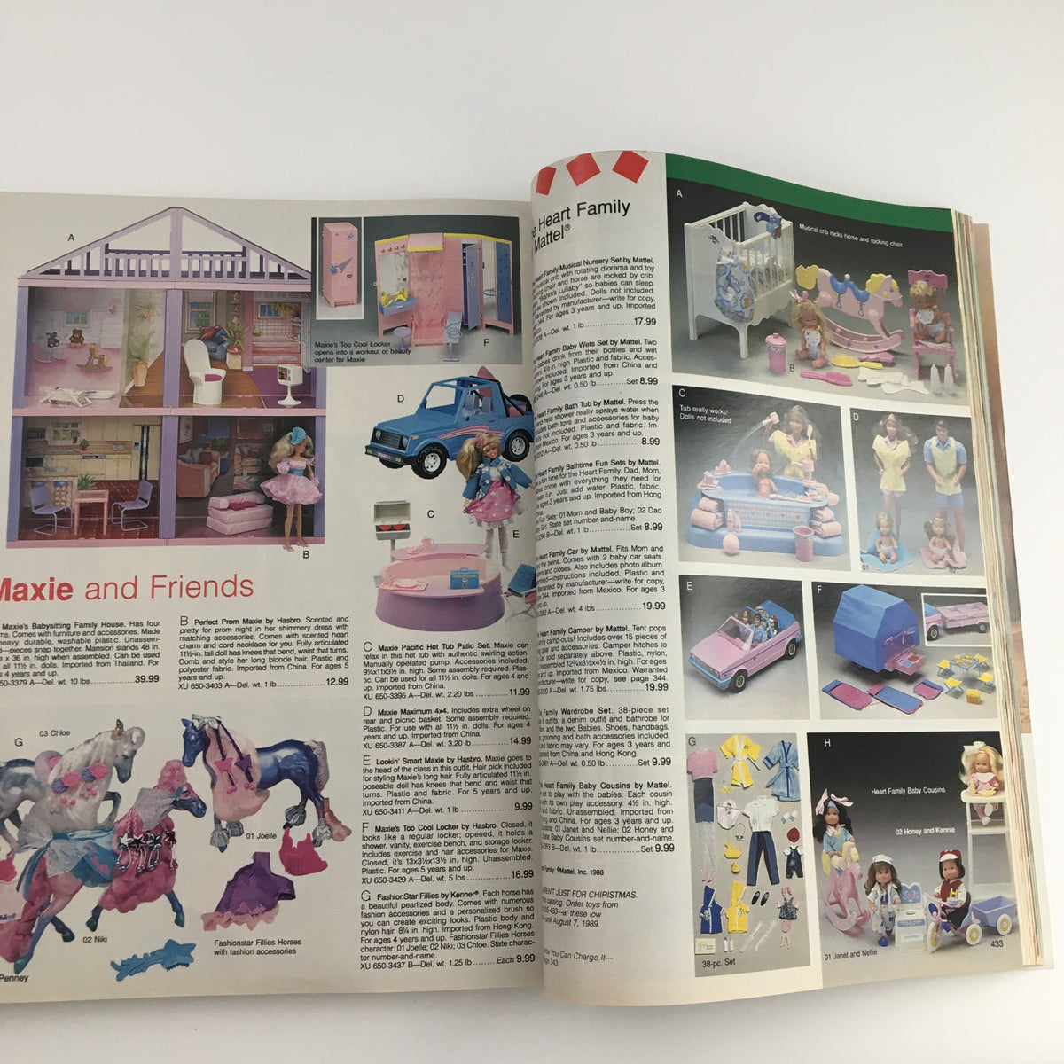 1988 The JCPenney Dandy Dress-ups and Pinafore Pretties Catalog displaying Maxie and Friends toys including playsets, dolls, and accessories in vibrant illustrations.