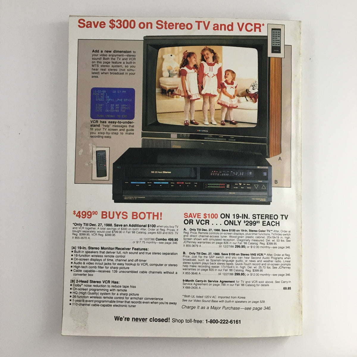 1988 The JCPenney Dandy Dress-ups and Pinafore Pretties Catalog advertisement featuring a classic Stereo TV and VCR, highlighting a special promotional offer.