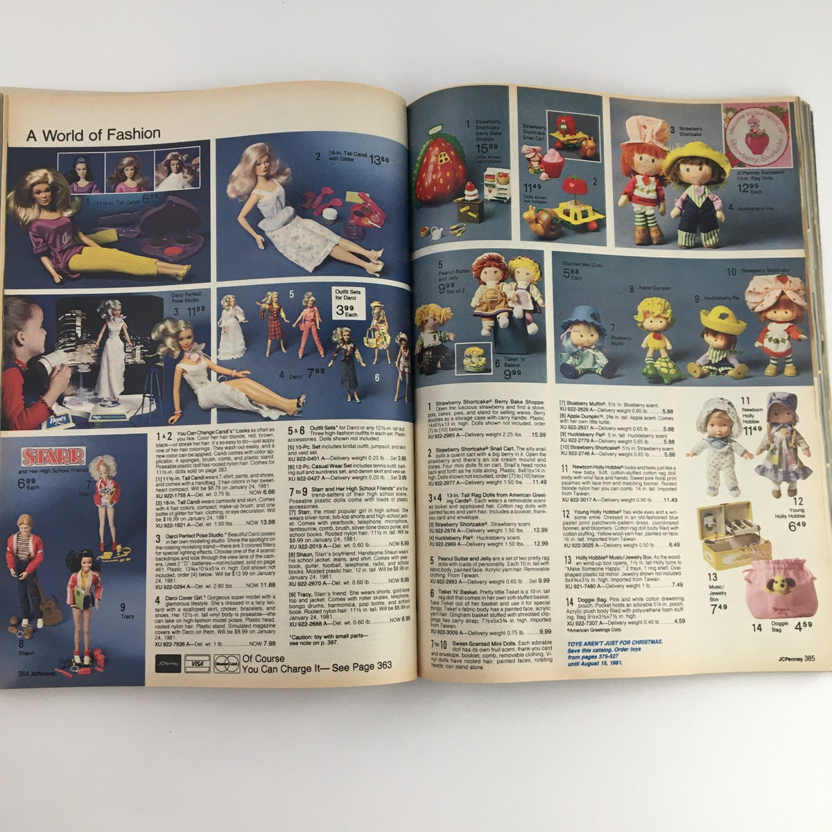 Interior page of the 1980 The JCPenney Dandy Christmas A World of Fashion Catalog showcasing various dolls, fashion items, and toys with prices.