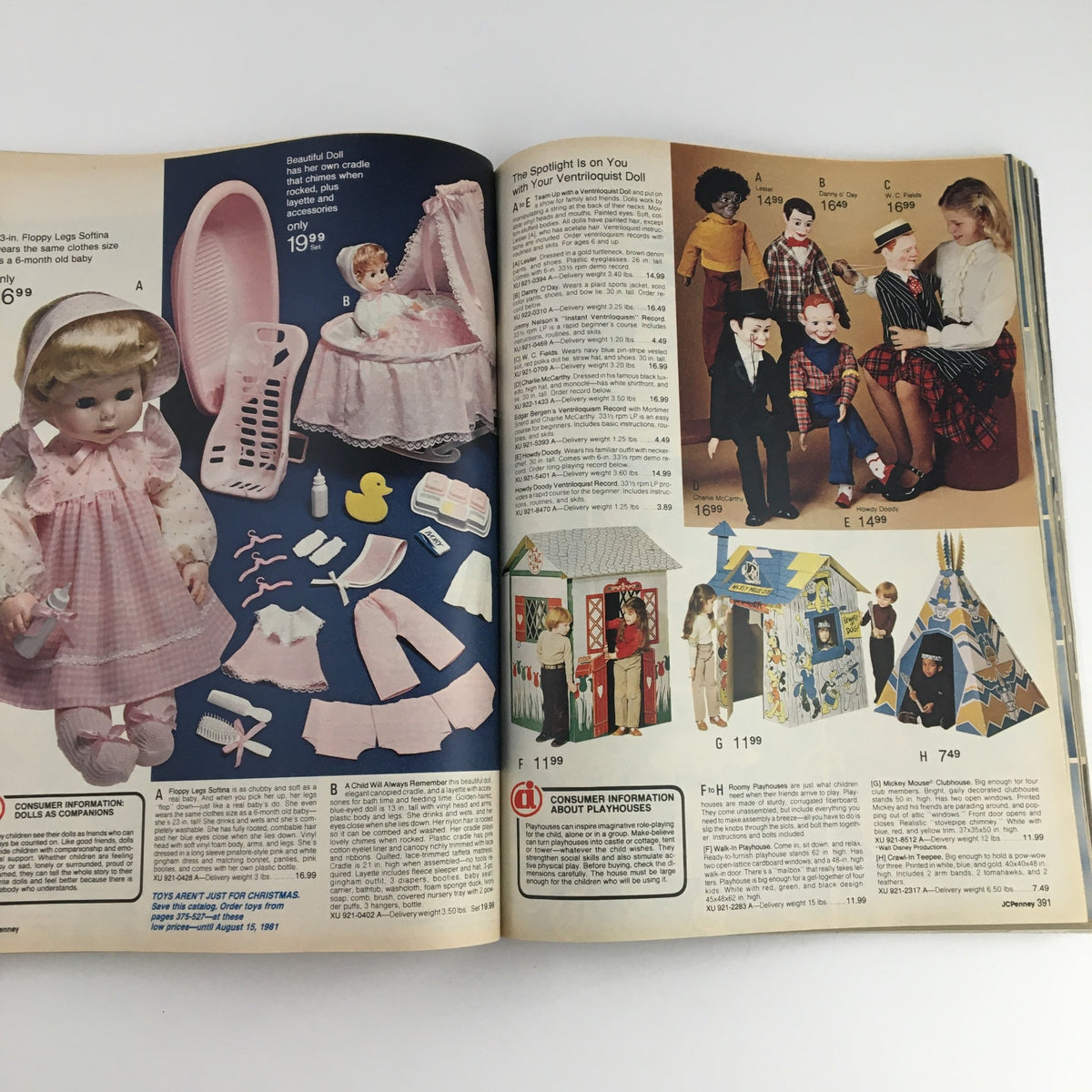 Interior page of the 1980 The JCPenney Dandy Christmas A World of Fashion Catalog highlighting dolls, ventriloquist dolls, and dress-up dolls with detailed prices.