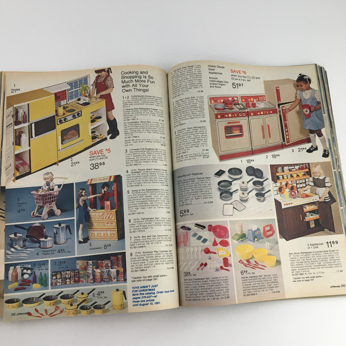 Final interior page of the 1980 The JCPenney Dandy Christmas A World of Fashion Catalog, presenting various toy kitchen sets and shopping playsets with associated prices.