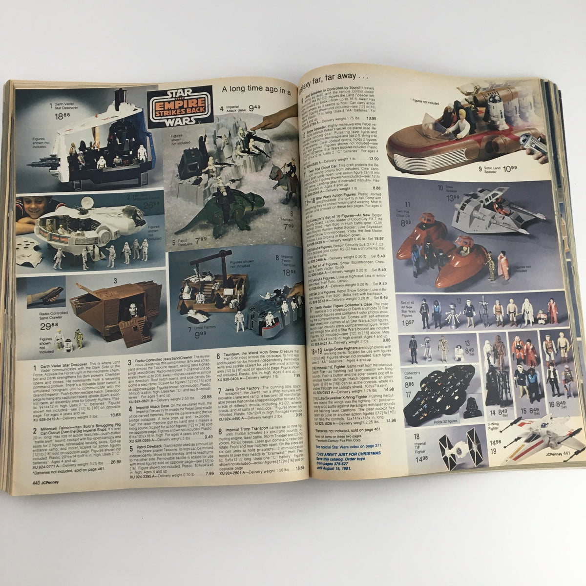 1980 The JCPenney Dandy Christmas A World of Fashion Catalog featuring Star Wars action figures and vehicles, highlighting iconic characters and sets from The Empire Strikes Back.