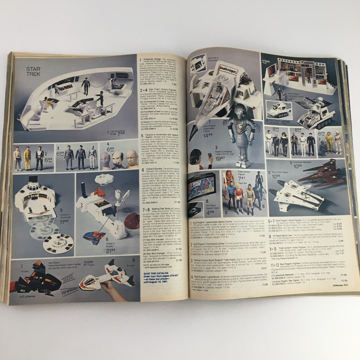 1980 The JCPenney Dandy Christmas A World of Fashion Catalog displaying Star Trek toys and playsets, including action figures and detailed spacecraft models.