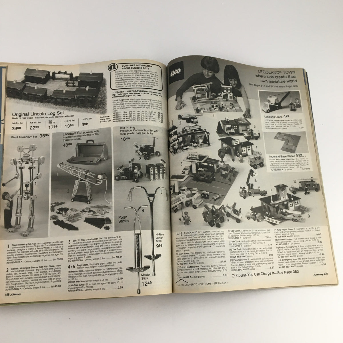 1980 The JCPenney Dandy Christmas A World of Fashion Catalog showcasing popular building sets like Lincoln Logs and LEGO, featuring various construction toys for kids.