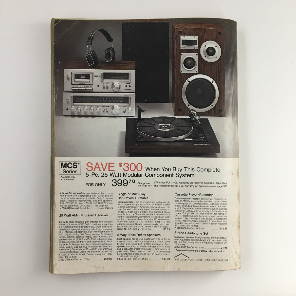 1980 The JCPenney Dandy Christmas A World of Fashion Catalog featuring a vintage 5-piece 25 watt modular component stereo system advertising, showing various components like a cassette player, turntable, AM/FM stereo receiver, and speakers.