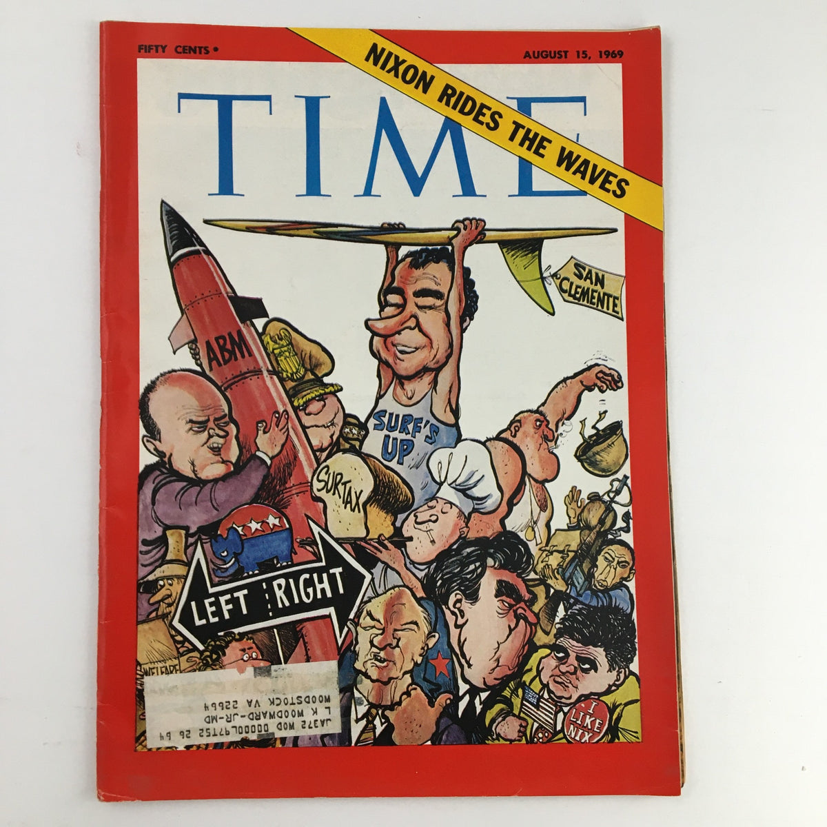 Cover of Time Magazine August 15, 1969, Vol. 94 No. 7, featuring a cartoon illustration depicting Richard Nixon with a surfboard and political caricatures, titled 'Nixon Rides The Waves'.