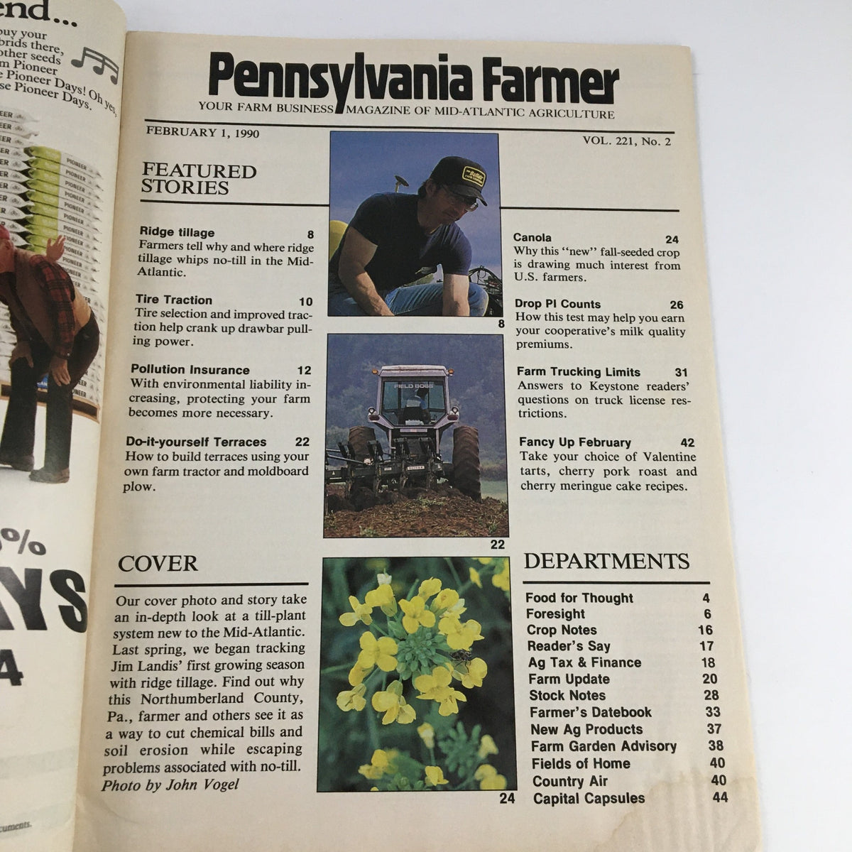Cover page of Pennsylvania Farmer Magazine from February 1, 1990, featuring articles on Ridge-Till Planting, Tire Traction, Pollution Insurance, and Do-it-yourself Terraces, accompanied by vibrant images related to agriculture.