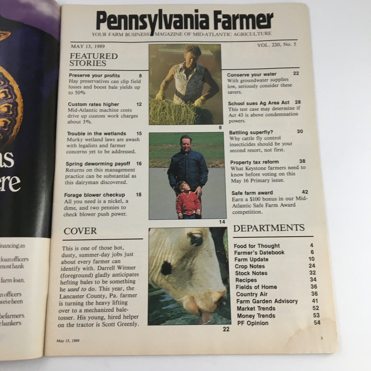 Table of contents from Pennsylvania Farmer Magazine May 13 1989, featuring featured stories on profits, wetland issues, and farming practices, along with a description of the cover featuring farmers.