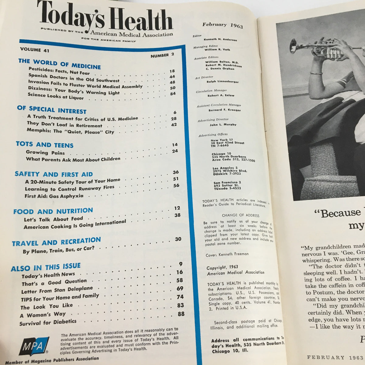 Inside view of February 1963 issue of Today's Health Magazine featuring a contents page, highlighting articles like 'Spanish Doctors in the Old Southwest' and various health topics.