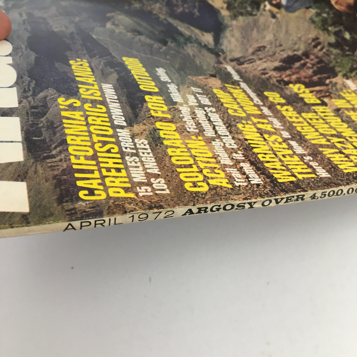 Cover of Argosy Magazine April 1972 featuring an article on California's Prehistoric Islands 15 Miles from Town. The image shows the magazine's title, date, and a striking landscape photograph.