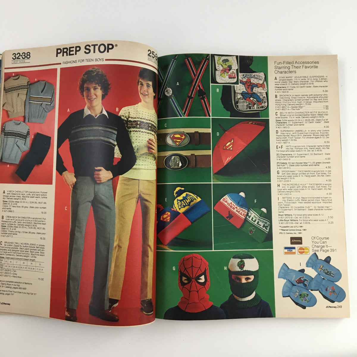Inside spread of the 1981 JCPenney Dandy Christmas Children's Outfit Catalog highlighting fashionable clothing for teen boys including sweaters and accessories.