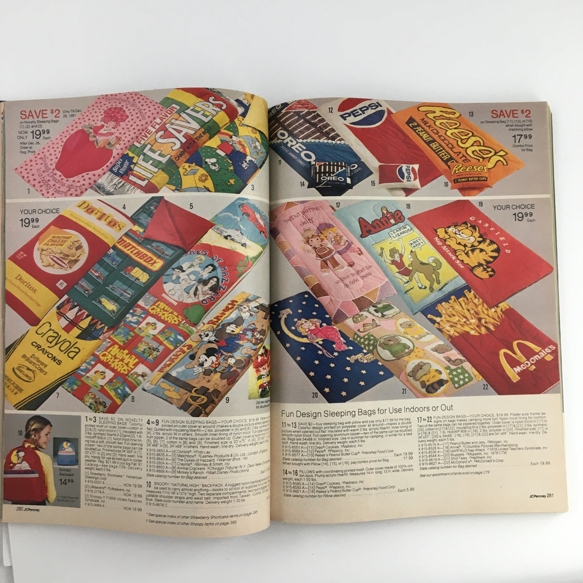 Inside spread of the 1981 JCPenney Dandy Christmas Children's Outfit Catalog featuring colorful children's sleeping bags and fun designs from popular brands.