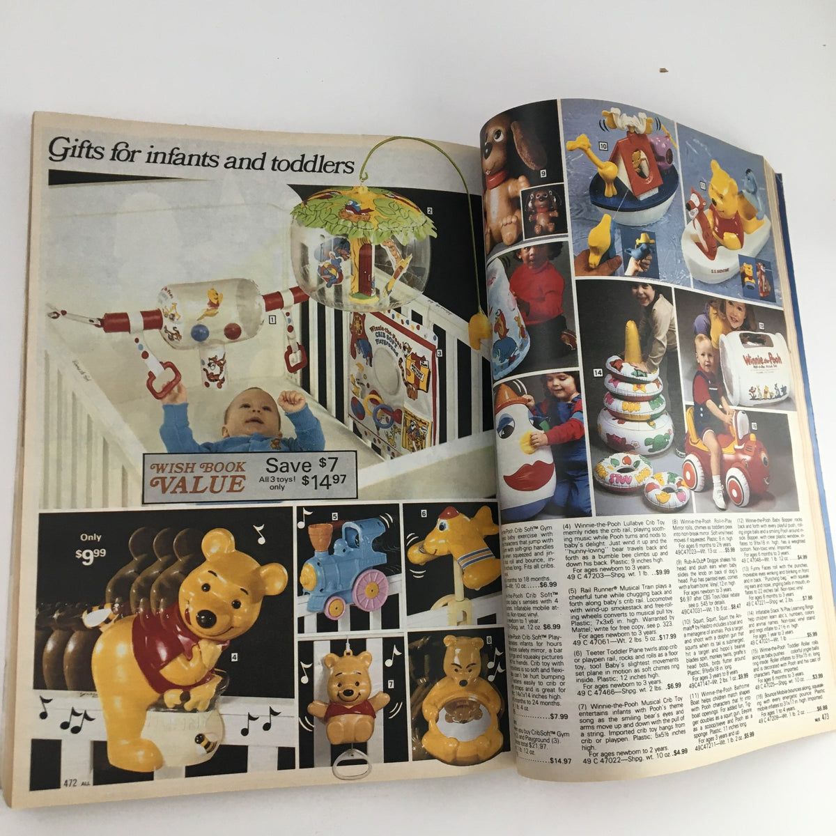 Sears Fall and Winter Atari 5200 Colecovision Price Guide Catalog highlighting gifts for infants and toddlers, showcasing toys such as the Winnie-the-Pooh musical toy.