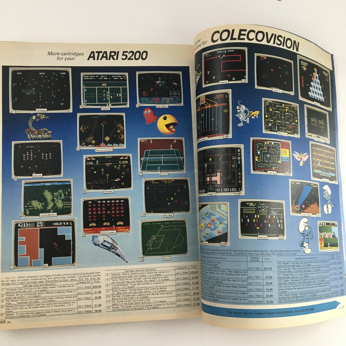 Sears Fall and Winter Atari 5200 Colecovision Price Guide Catalog displaying Atari 5200 cartridge options with graphics of classic games including Pac-Man and Q*bert.
