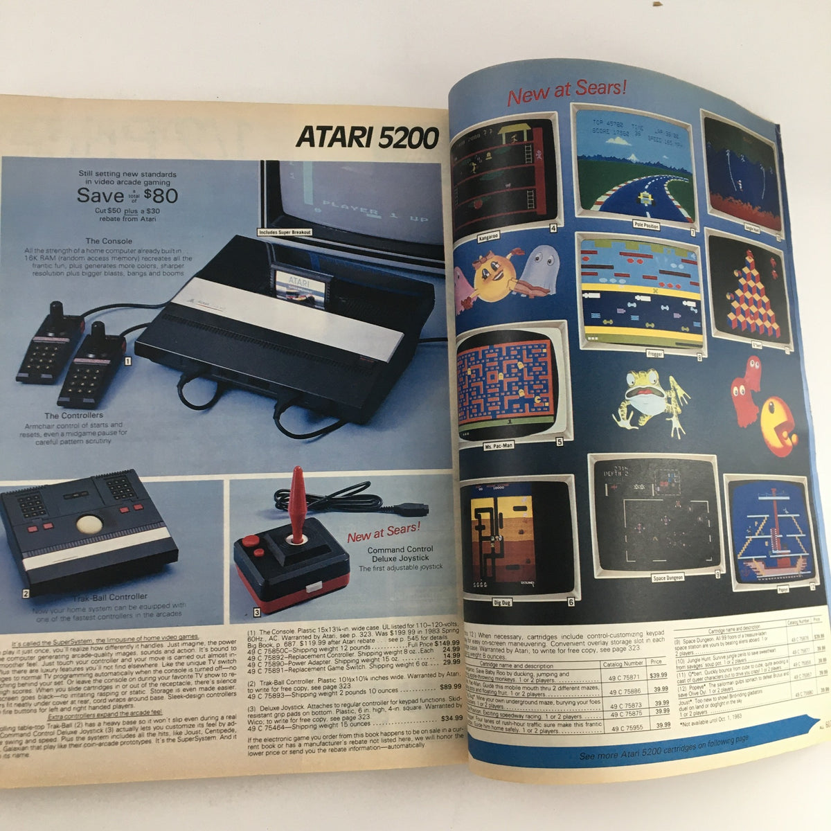 Sears Fall and Winter Atari 5200 Colecovision Price Guide Catalog illustrating the Atari 5200 console with gaming accessories and cartridge titles such as Frogger and Donkey Kong.