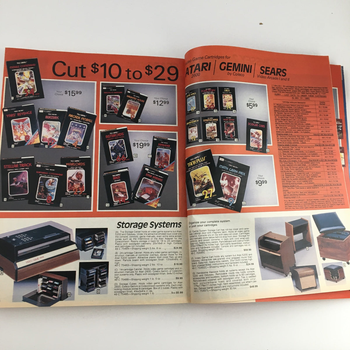 Sears Fall and Winter Atari 5200 Colecovision Price Guide Catalog featuring game titles on sale for Atari and Gemini, along with storage solutions for vintage gaming.