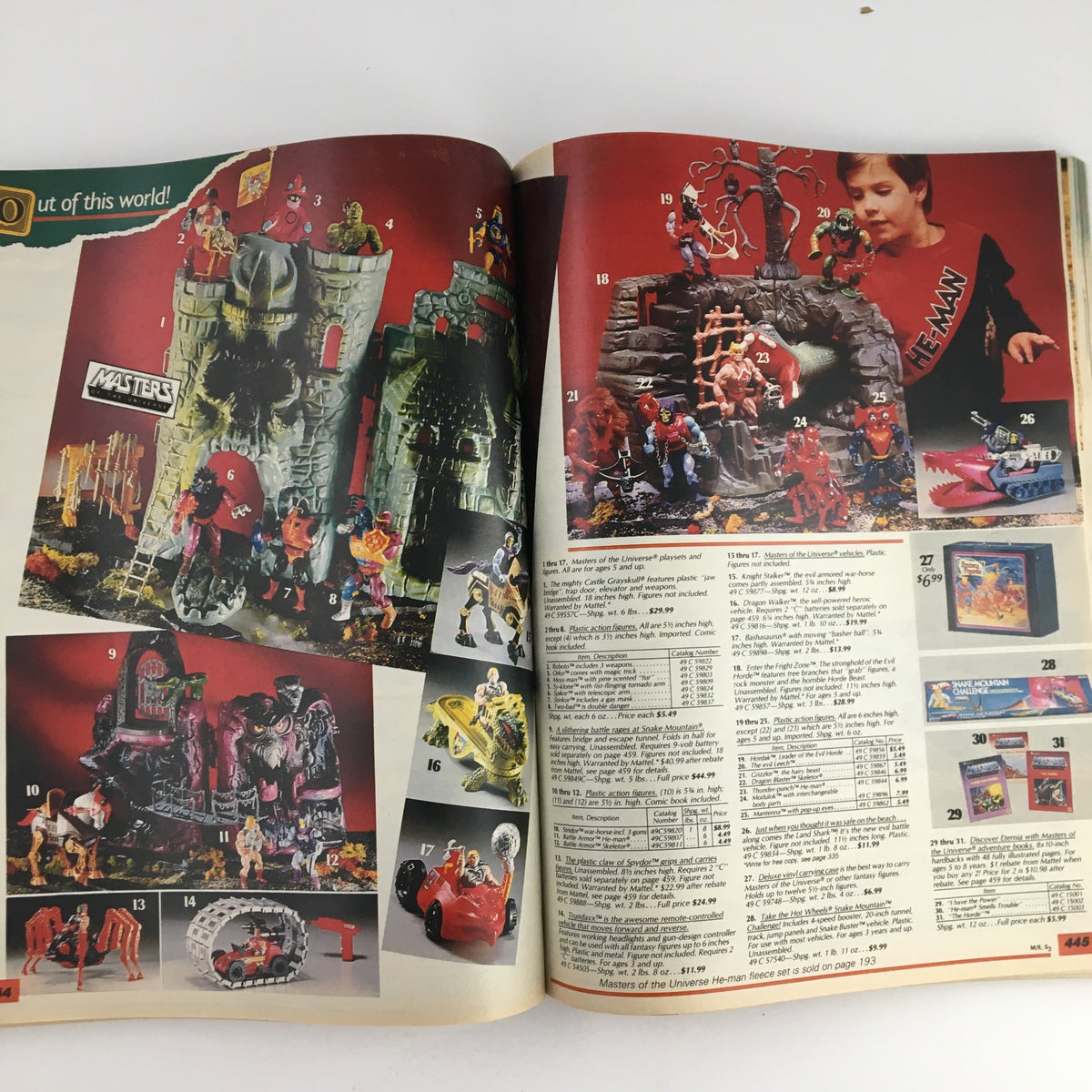 Masters of the Universe playsets and figures showcased in the 1985 Sears Wish Book Care Bear Cousins Price Guide Catalog, including product descriptions and pricing details.