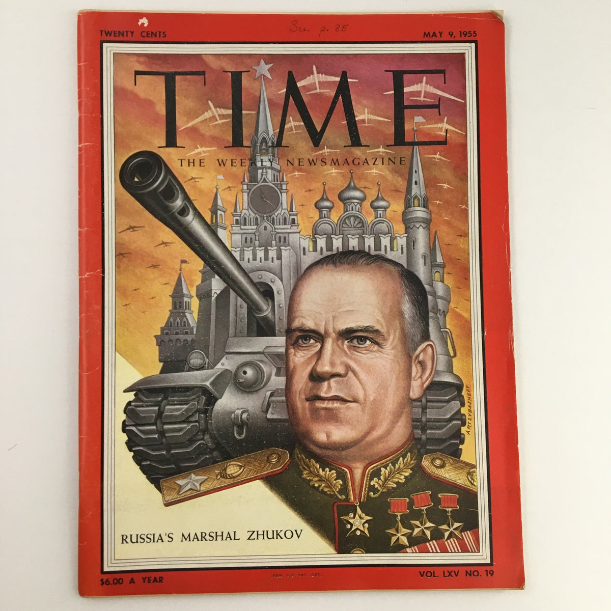 Cover of Time Magazine dated May 9, 1955, featuring Russia's Marshal Georgy Zhukov, showcasing military themes with a tank and Kremlin in the background.