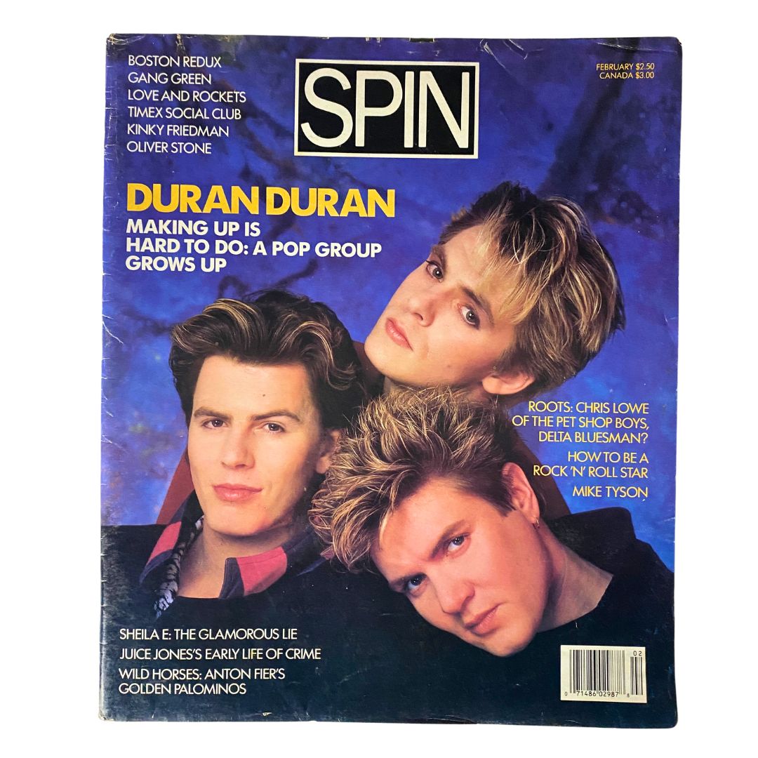 Cover of VTG Spin Magazine February 1987, Vol 2 No 11 featuring Duran Duran and Oliver Stone, showcasing vibrant 80s pop culture.