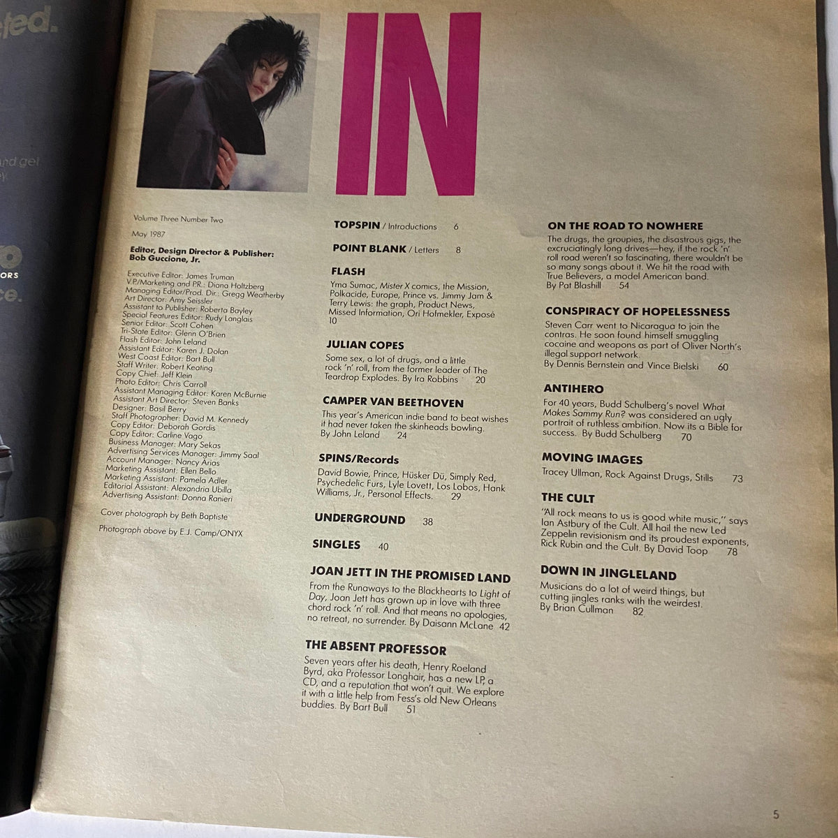 Inside page of VTG Spin Magazine May 1987 Vol 3 No. 2, showcasing articles including Joan Jett in the Promised Land and information on featured artists.