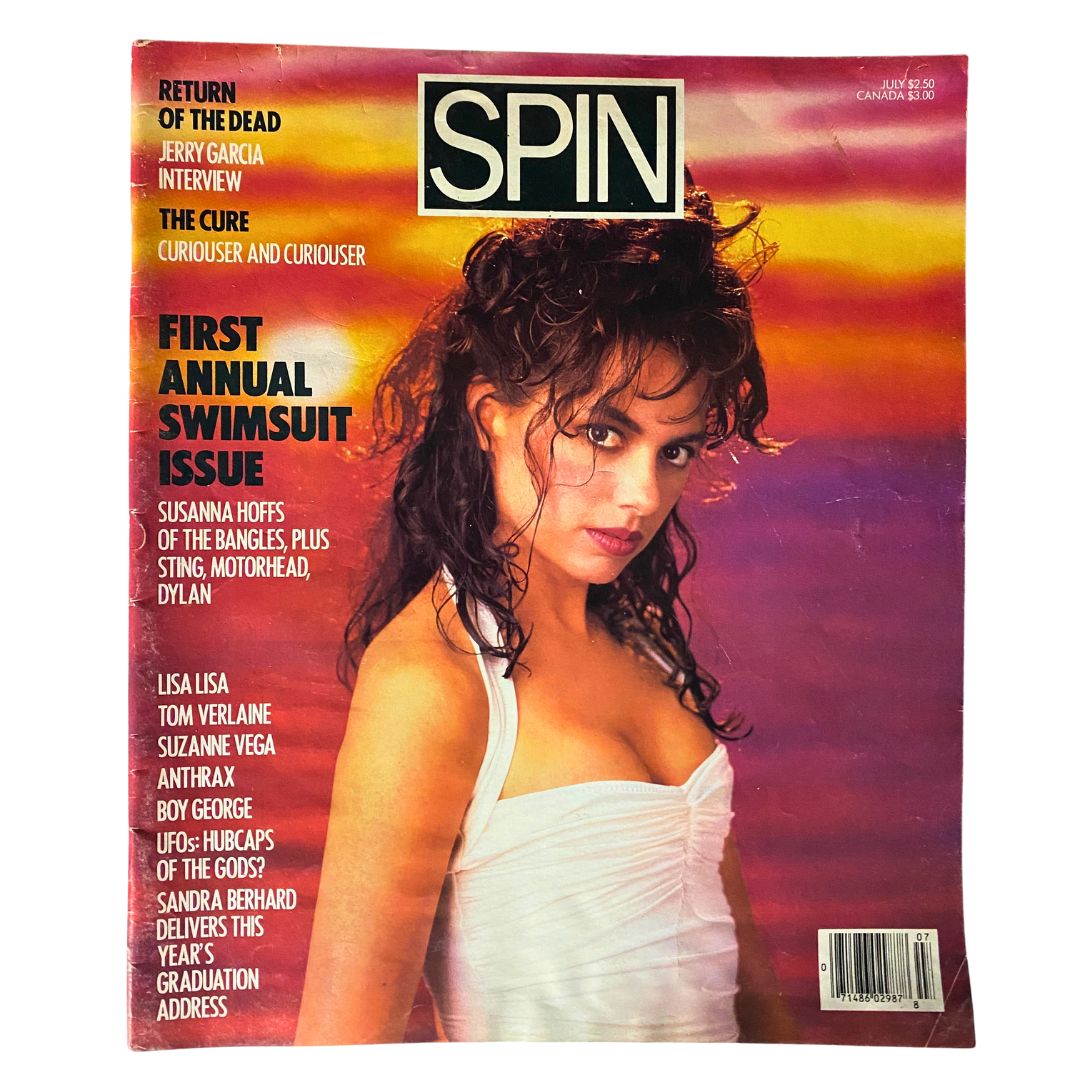 Front cover of VTG Spin Magazine July 1987 Vol 3 No. 4 Susanna Hoffs Swimsuit Issue featuring a stunning image of Susanna Hoffs, an iconic figure of the '80s music scene.