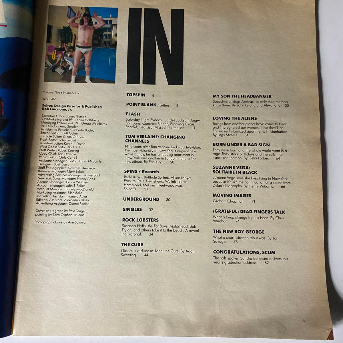 Content page of VTG Spin Magazine July 1987 Vol 3 No. 4 highlighting features such as band interviews and music trends, showcasing the magazine's cultural relevance during the 1980s.