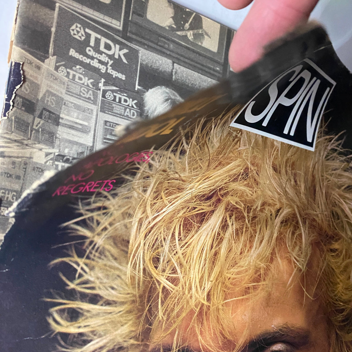 Another angle of the VTG Spin Magazine June 1986 Vol 2 No. 3 cover, showing details and the magazine title.
