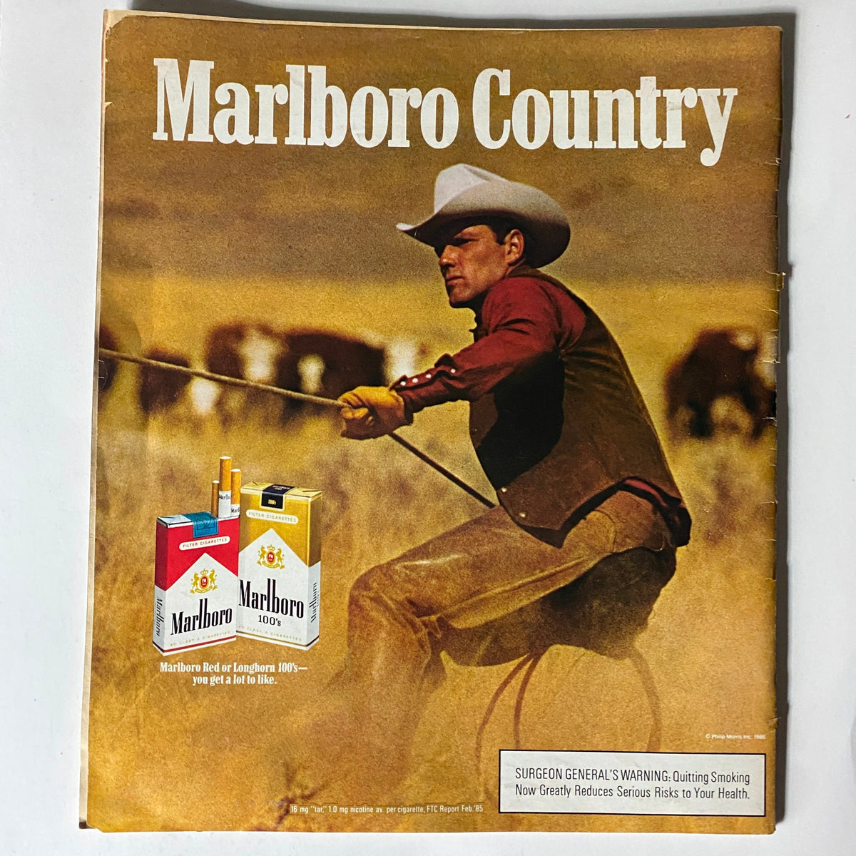 Vintage Marlboro advertisement page from the VTG Spin Magazine June 1986 Vol 2 No. 3 showcasing a cowboy with cigarette products.