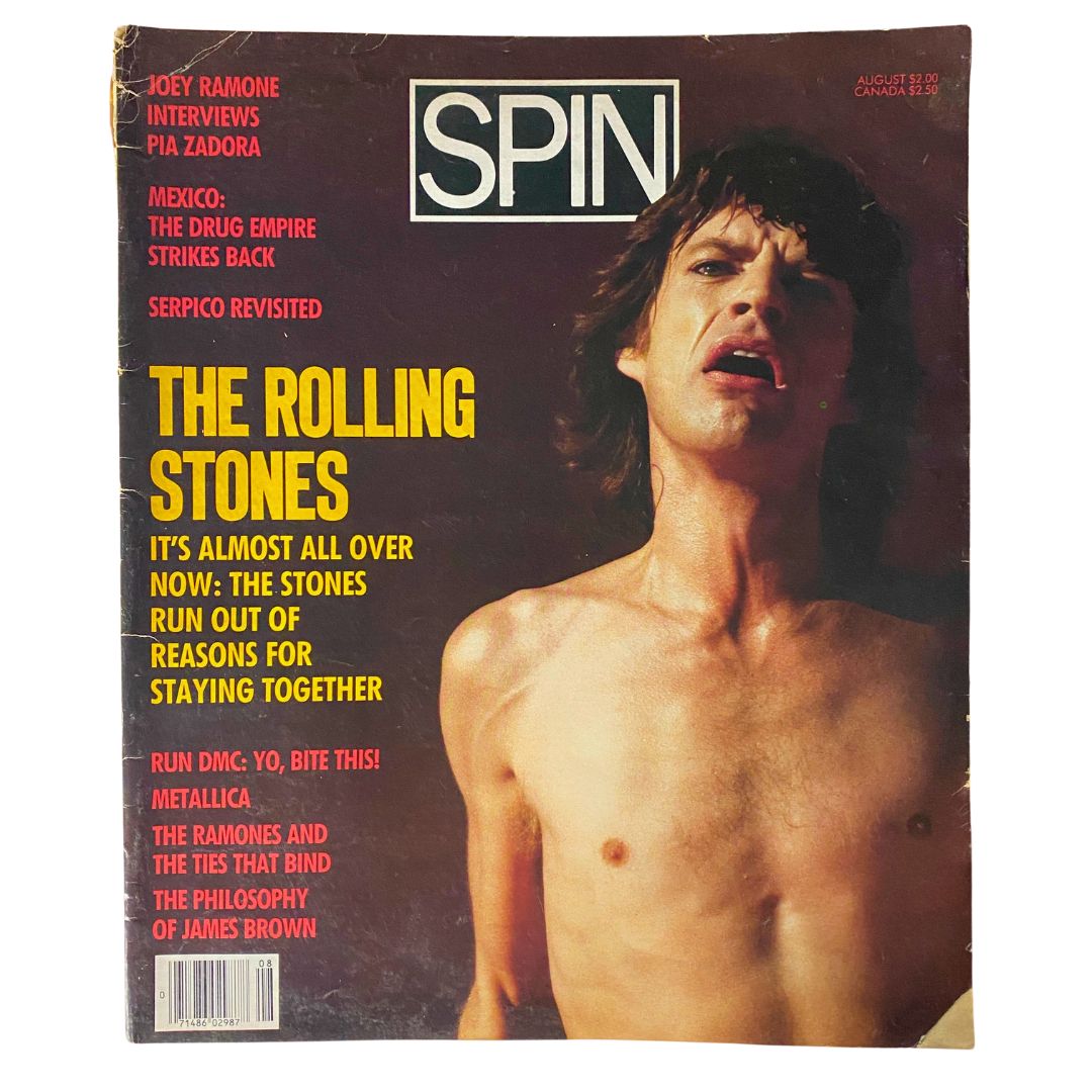 VTG Spin Magazine August 1986 Vol 2 #5 featuring Mick Jagger of The Rolling Stones on the cover, showcasing a striking image of the iconic musician.