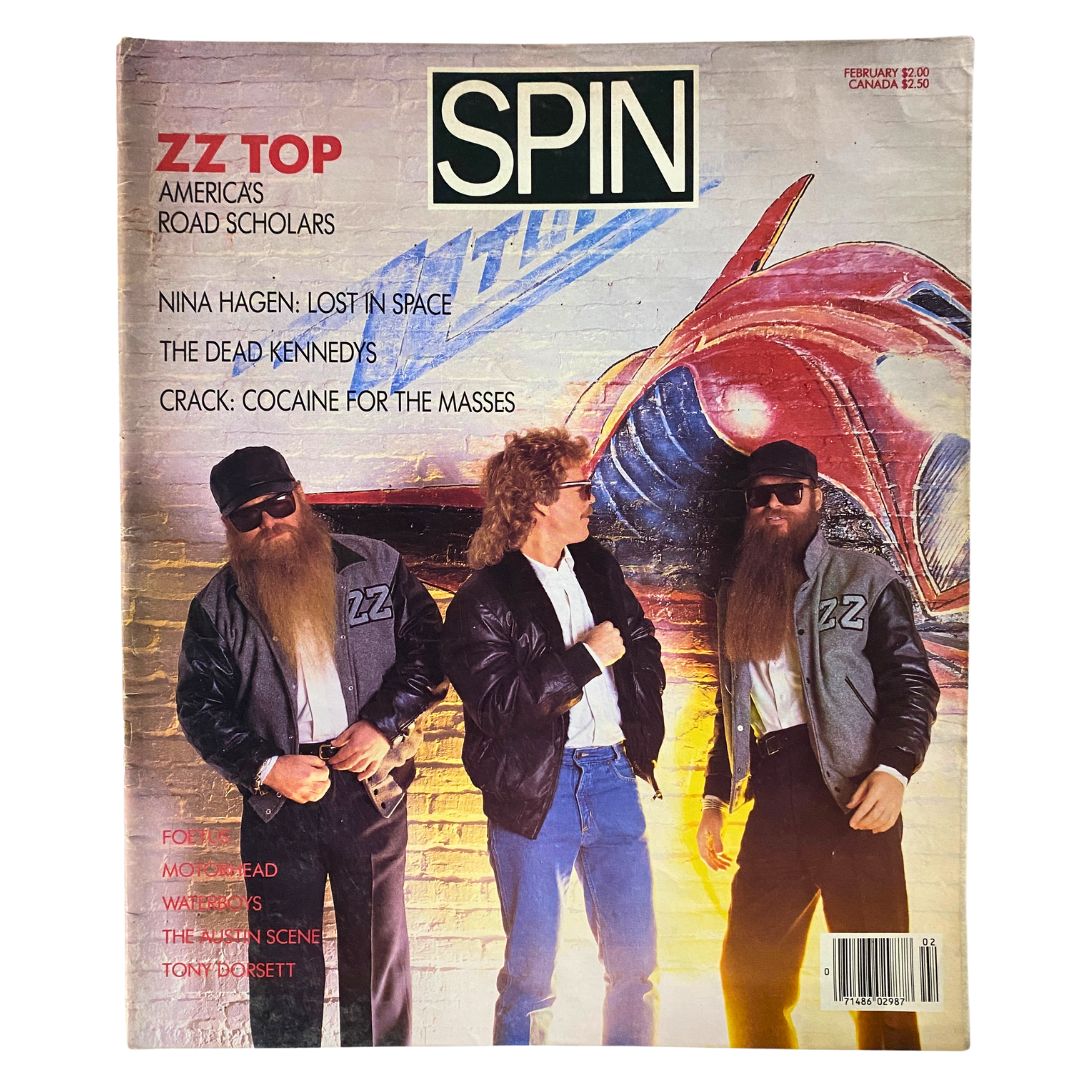 VTG Spin Magazine February 1986 featuring ZZ Top on the cover and an article about Nina Hagen. The cover highlights ZZ Top, America's Road Scholars, showcasing the band's signature style along with other features like 'The Dead Kennedys' and 'Crack: Cocaine for the Masses'.