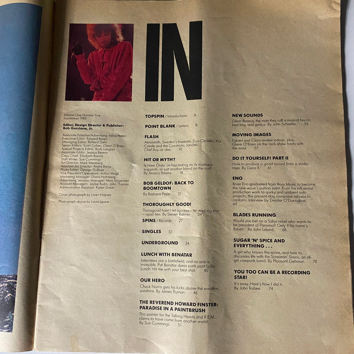 Inside page of VTG Spin Magazine September 1985 Vol 1 No. 5 displaying the contents, including music articles and features related to artists of the 1980s.