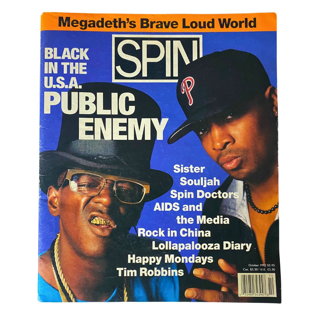 Cover of Spin Magazine October 1992 Vol 8 No. 7 featuring Public Enemy, highlighting cultural commentary from Sister Souljah and showcasing significant articles on hip-hop history.