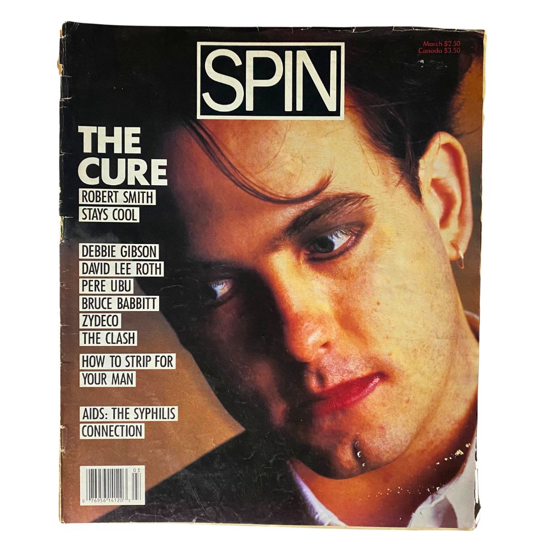 Cover of VTG Spin Magazine March 1988 featuring The Cure with Robert Smith, highlighting notable artists of the era.