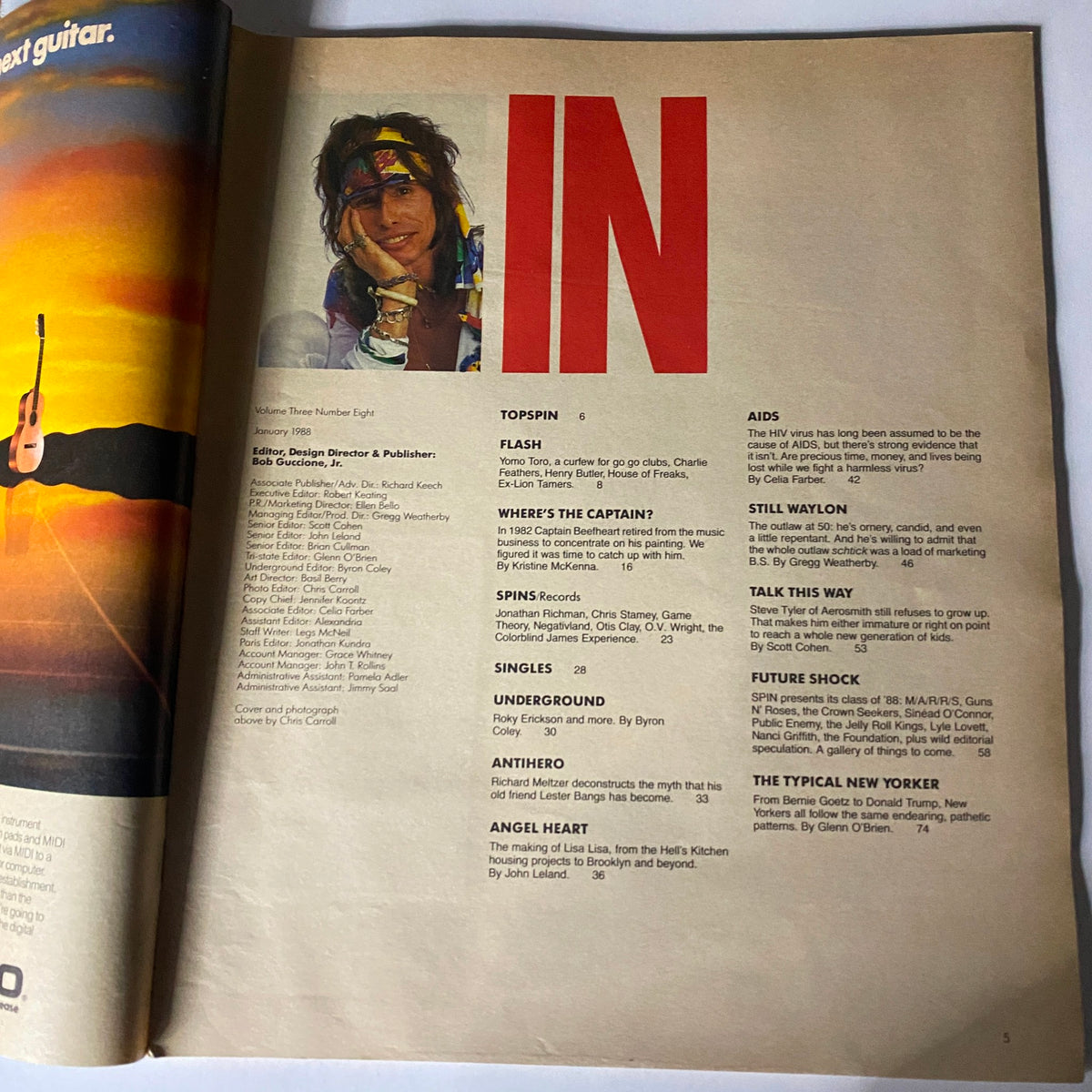 Interior page of VTG Spin Magazine January 1988 featuring Steve Tyler of Aerosmith with various music-related articles and editor's notes.