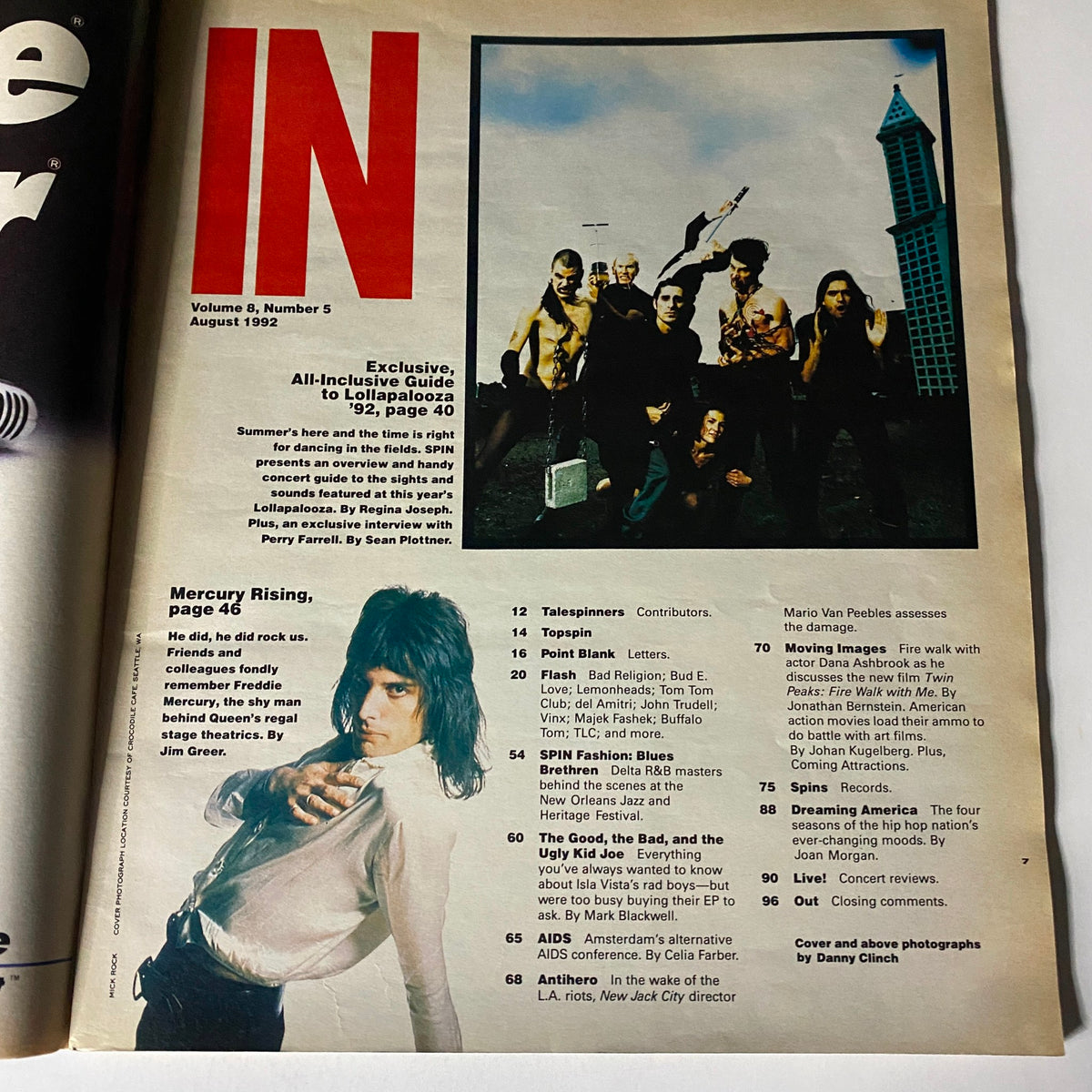 Inside page of Spin Magazine August 1992, Volume 8, Number 5, highlighting an exclusive all-inclusive guide to Lollapalooza '92 with an image of featured artists.