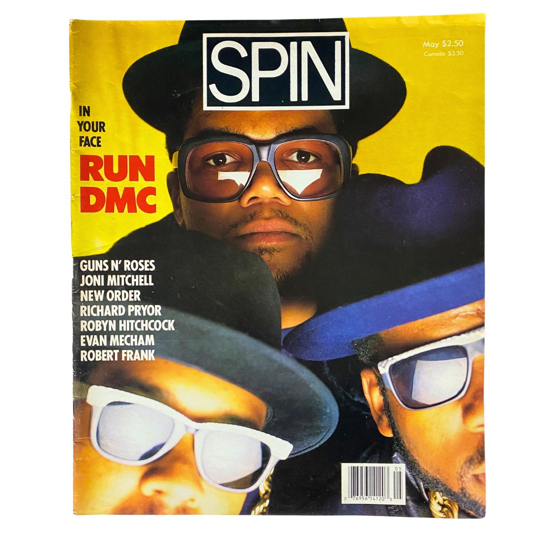 Cover of VTG Spin Magazine May 1988 Vol 4 No. 2 featuring Run DMC with an eye-catching yellow background and a list of featured artists including Guns N' Roses. This vintage magazine captures the vibrant music culture of the late 80s.
