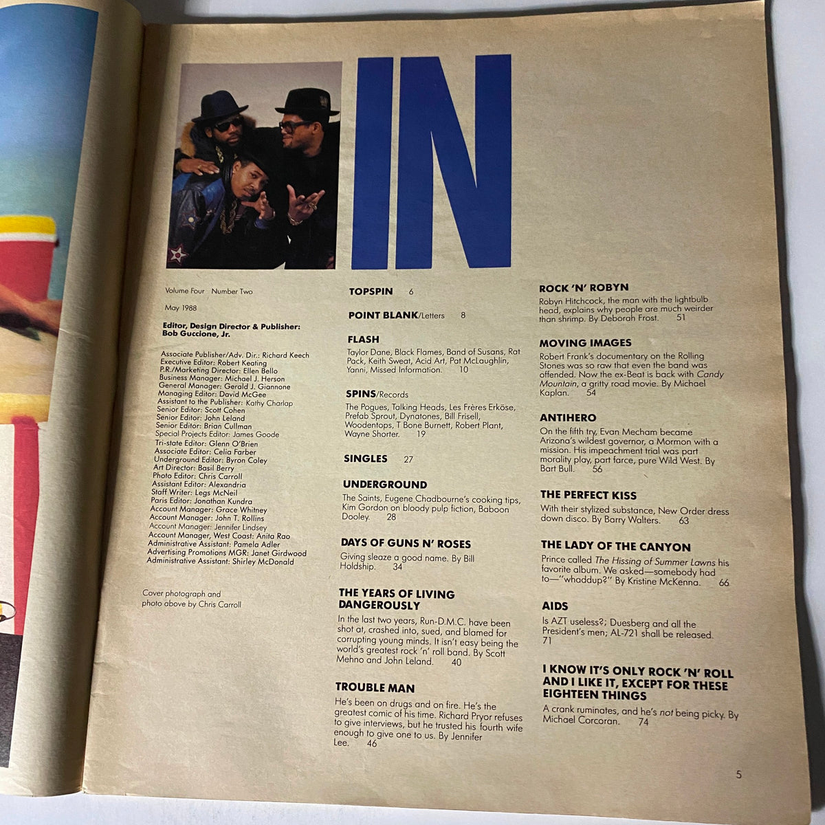 Interior page from VTG Spin Magazine May 1988 Vol 4 No. 2 listing contents including the segment on Guns N' Roses and other featured articles, showcasing the magazine's layout and design from the late 80s.