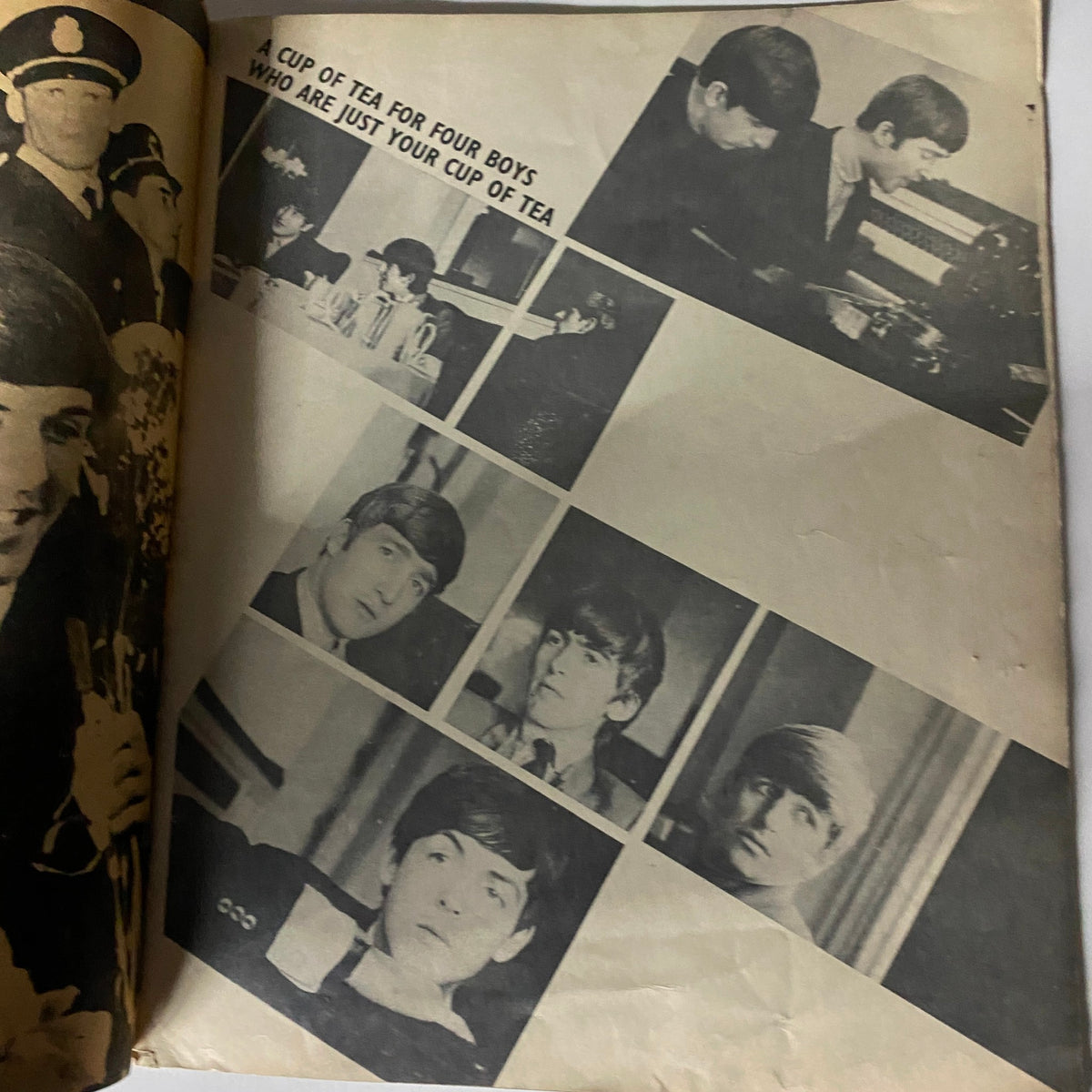 Inside page of the Vintage 1964 The Beatles Around The World Magazine displaying a collage of The Beatles' photographs including Paul and John, highlighting their popularity.