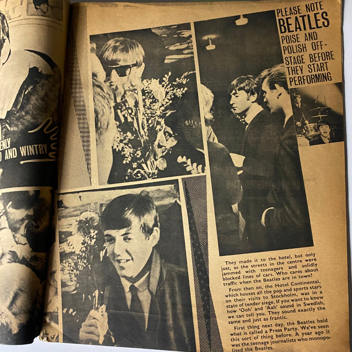 Another page of the Vintage 1964 The Beatles Around The World Magazine featuring behind-the-scenes images of The Beatles preparing to perform, capturing their vibrant charisma.